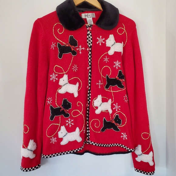 Vintage Christmas Scottie Dog Cardigan Sweater M Beads Metallic Faux Fur Collar - Picture 7 of 16